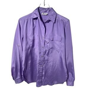 Vintage 80s Lavender Satin L/S Women’s button down shirt Size M